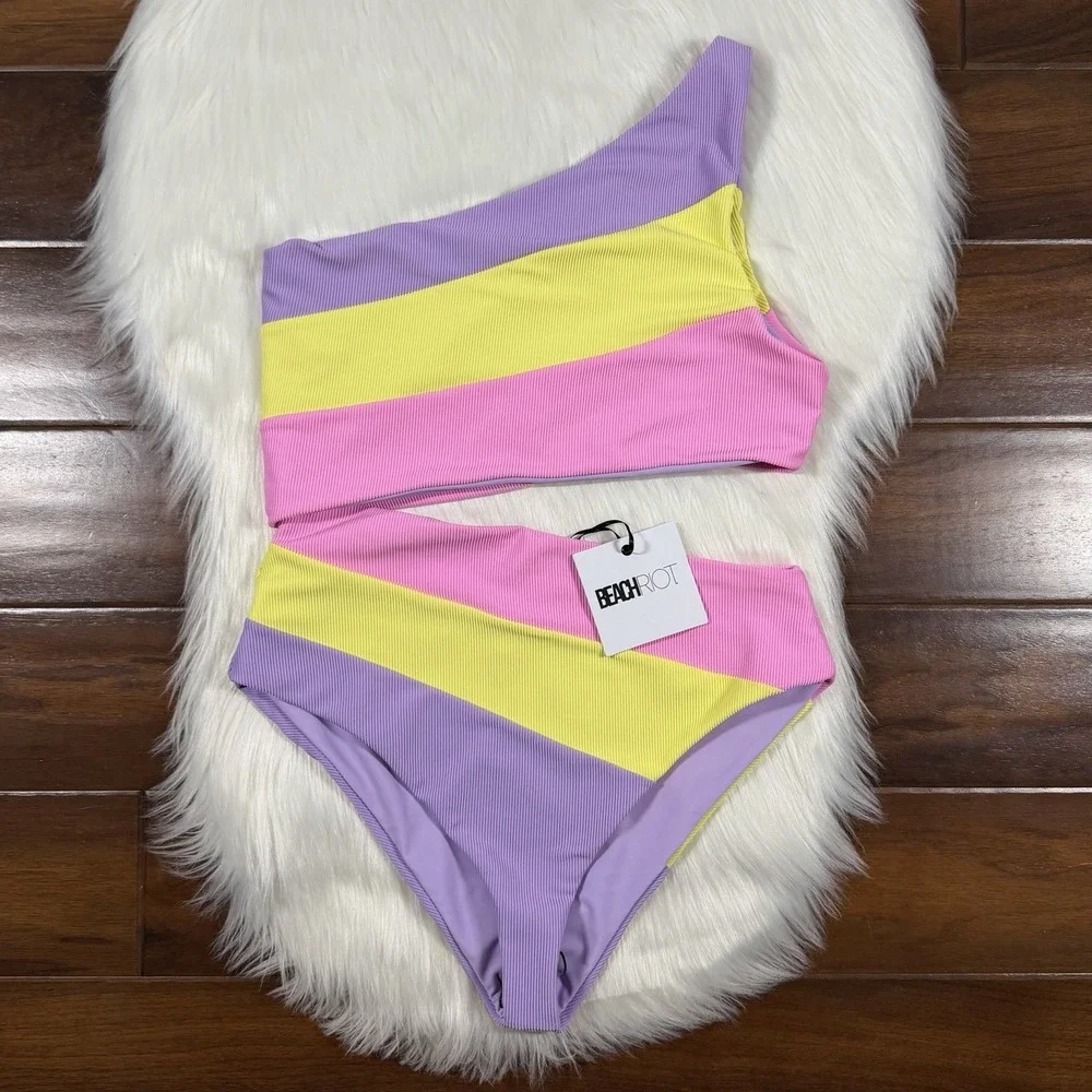 Beach Riot Womens Size Large Pink Yellow Purple Joyce Cut Out One Piece Swimsuit - Picture 1 of 11